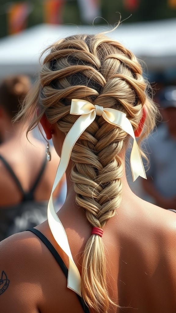 A detailed view of a twisted braid hairstyle adorned with a ribbon.