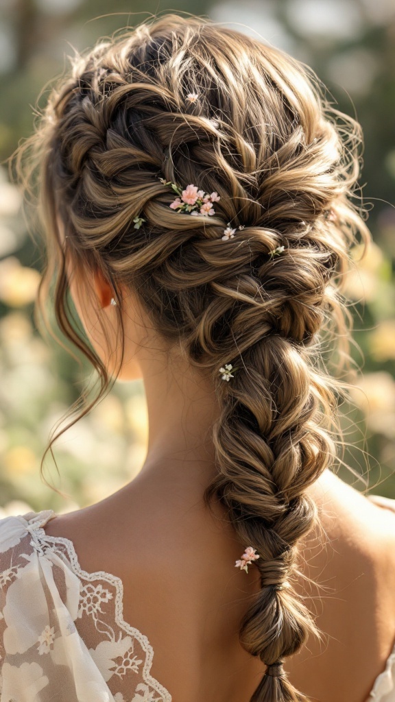 A close-up view of a twisted braid hairstyle with small flowers, styled as a side ponytail.