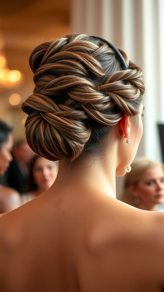 A close-up view of a twisted braided bun hairstyle.
