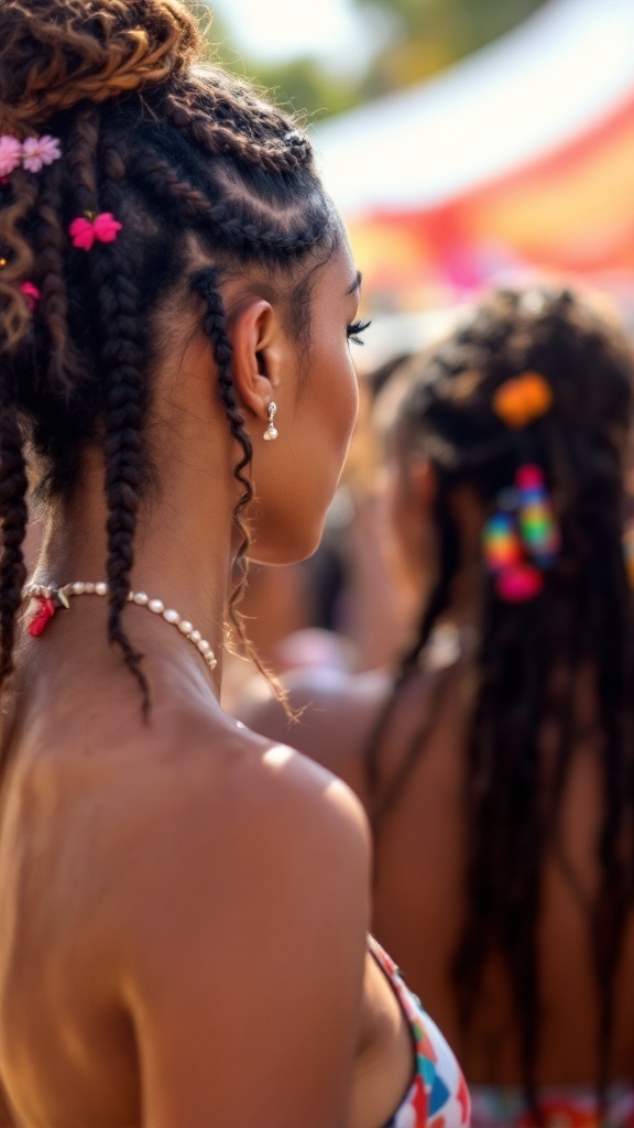 A woman with twisted braids decorated with colorful flowers and beads, showcasing a summer hairstyle.