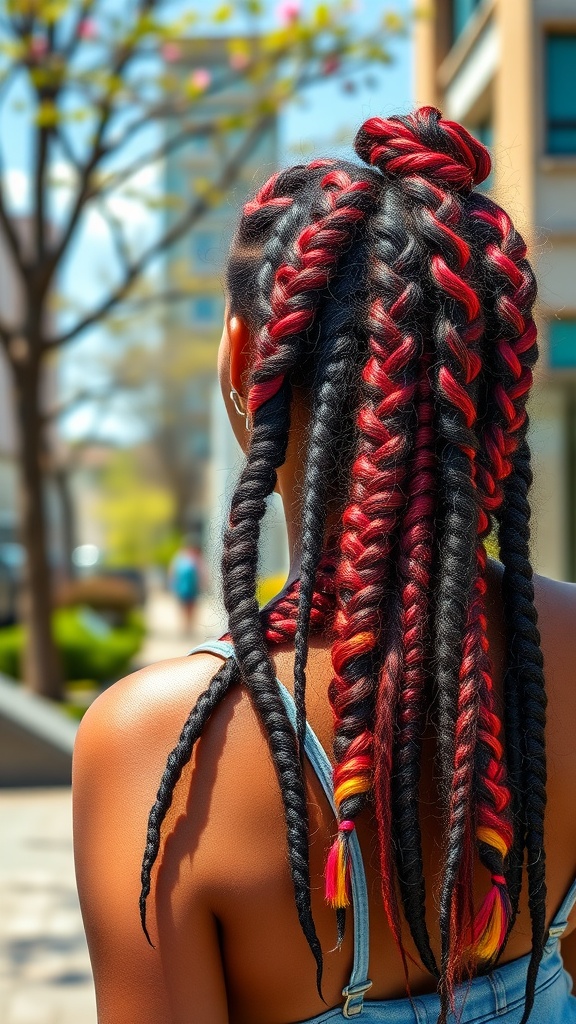 A woman with twisted braids featuring red color highlights, styled in a half-up, half-down look, enjoying a sunny day outdoors.