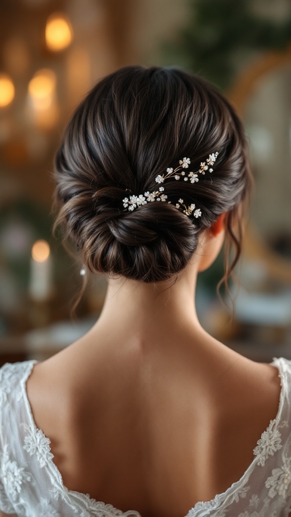 A back view of a woman with a twisted bun hairstyle, adorned with delicate hairpins, showcasing elegance and style.