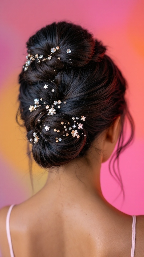 A woman with a twisted bun hairstyle adorned with small flowers and beads, showcasing a blend of elegance and creativity.