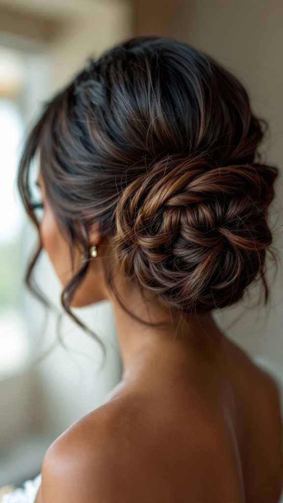 A close-up view of a twisted bun hairstyle with side bangs, showcasing intricate braids and textured hair.