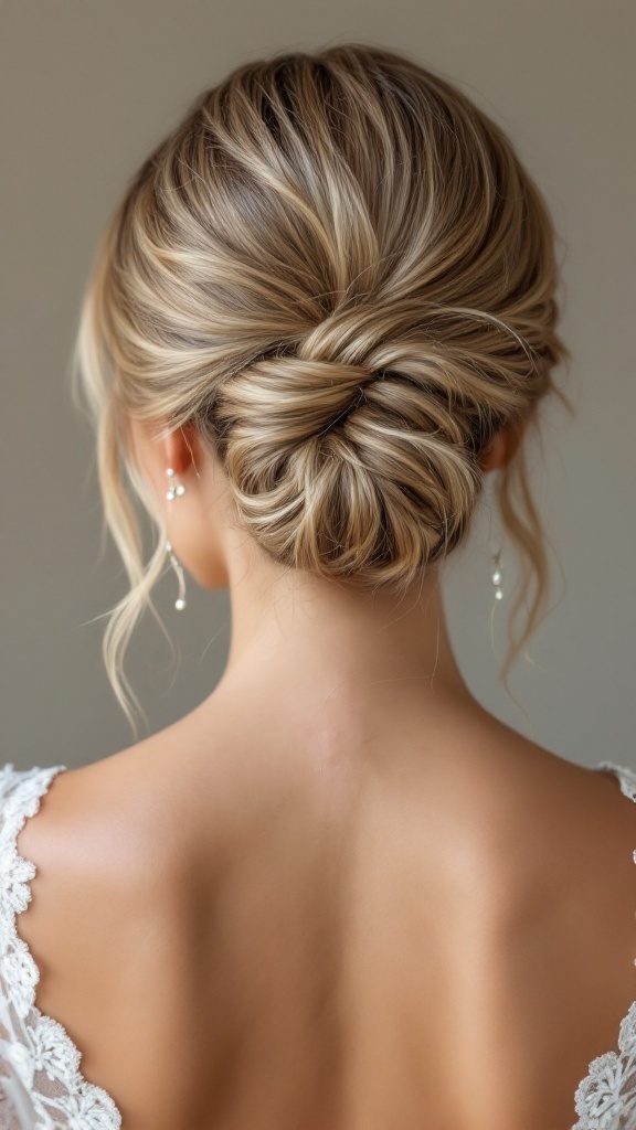 A woman with a twisted chignon hairstyle featuring loose strands, showcasing a back view with a lace dress.