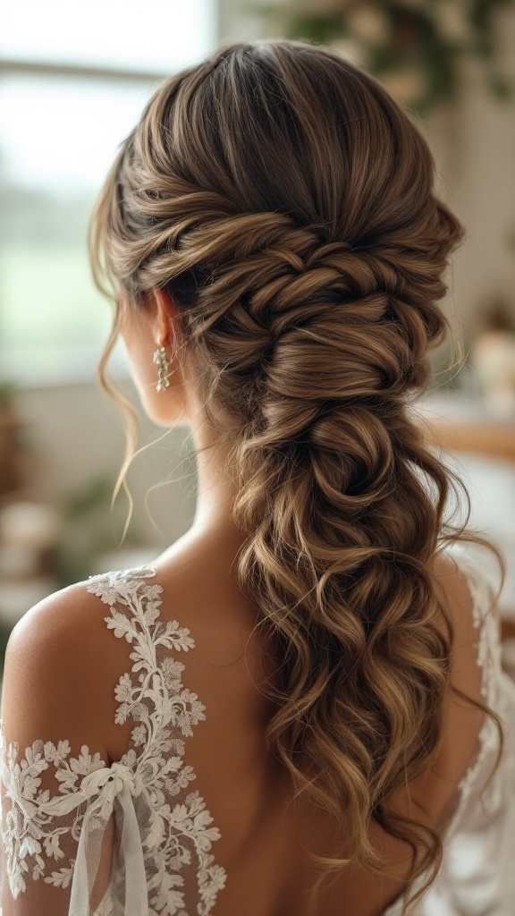 A woman with hair styled in a twisted chignon with soft curls, showcasing elegance and romance, ideal for bridesmaids.