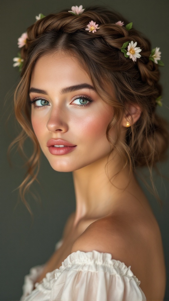 A young woman with a twisted crown braid adorned with flowers, showcasing a beautiful and elegant hairstyle.
