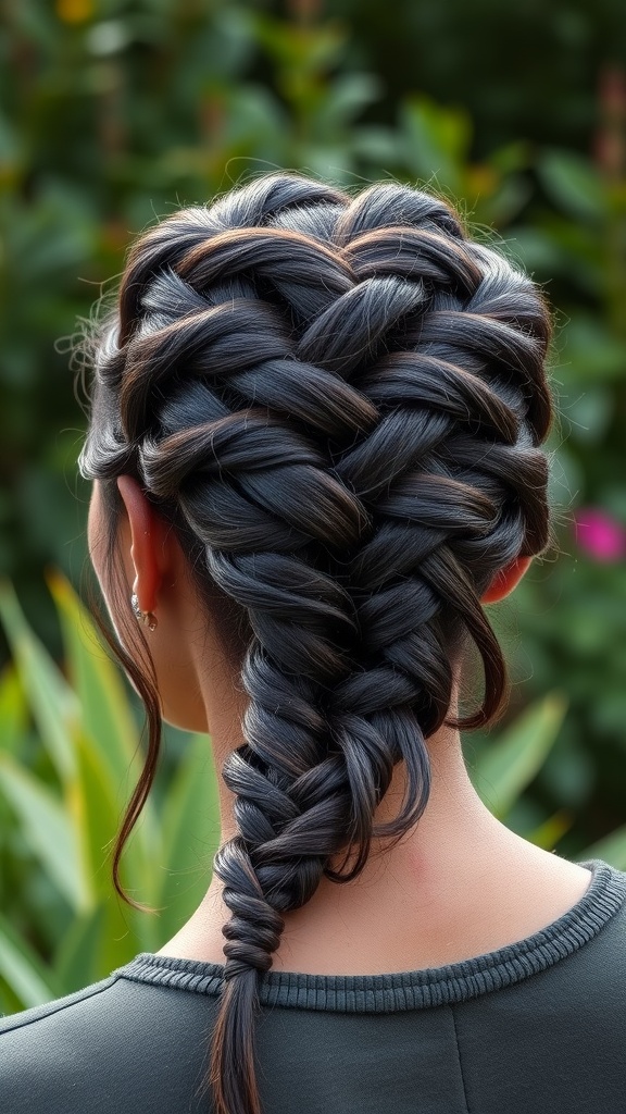 A woman with a twisted crown braid hairstyle, showcasing intricate braiding techniques.
