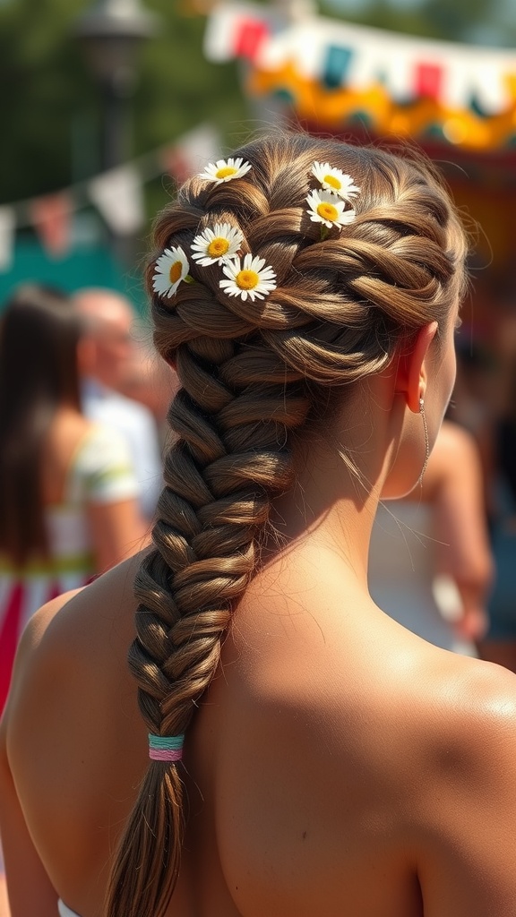 A woman with a twisted crown braid adorned with daisies, showcasing a festive hairstyle