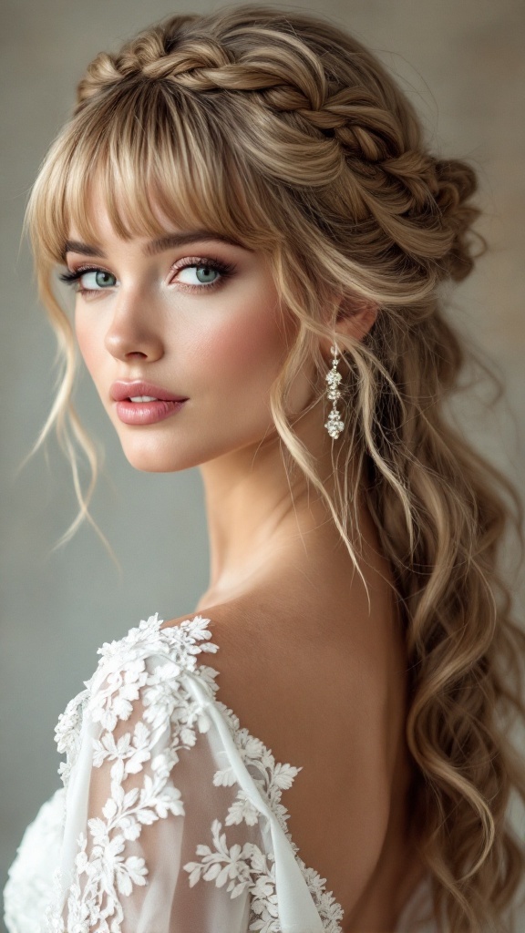 A bride with a twisted crown hairstyle and bangs, showcasing elegance.