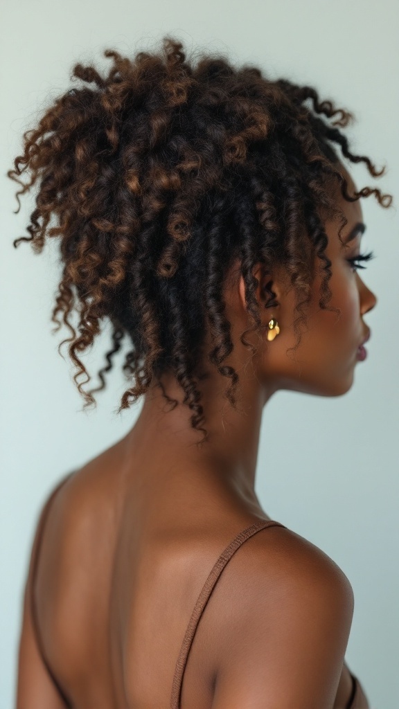 A side view of a woman with short, twisted curly hair styled with accessories.