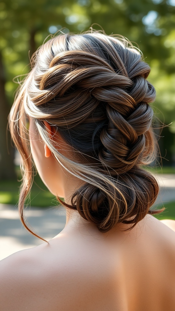 A woman with a twisted half-bun hairstyle, featuring loose strands framing her face.