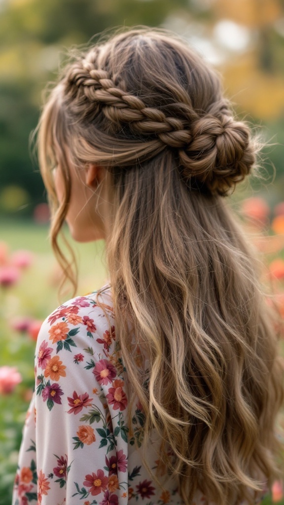 A girl with a twisted half-up bun hairstyle, featuring a braid and loose waves, wearing a floral outfit in a garden.