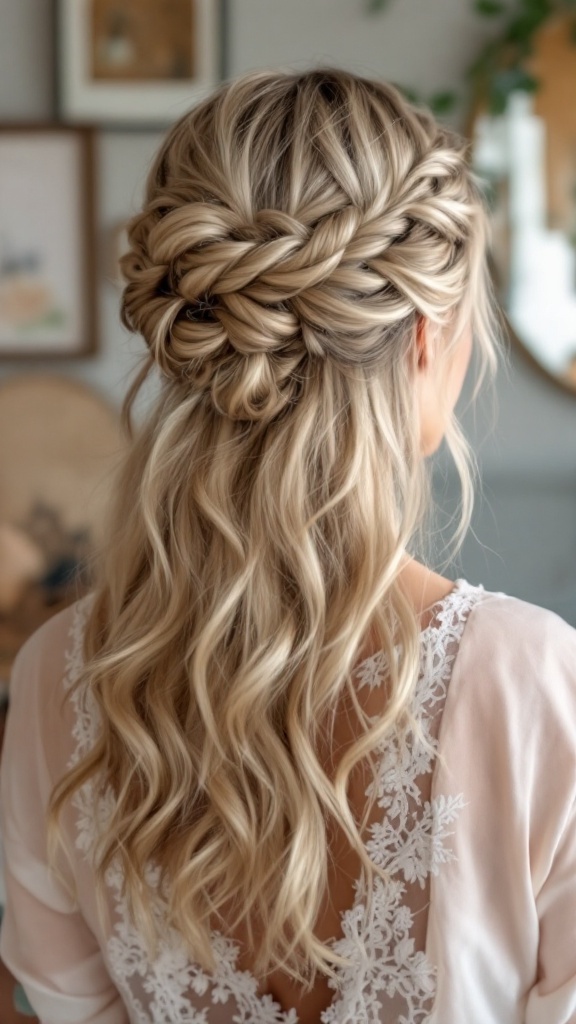 A half-up twisted bun hairstyle adorned with lace, perfect for the mother of the bride.