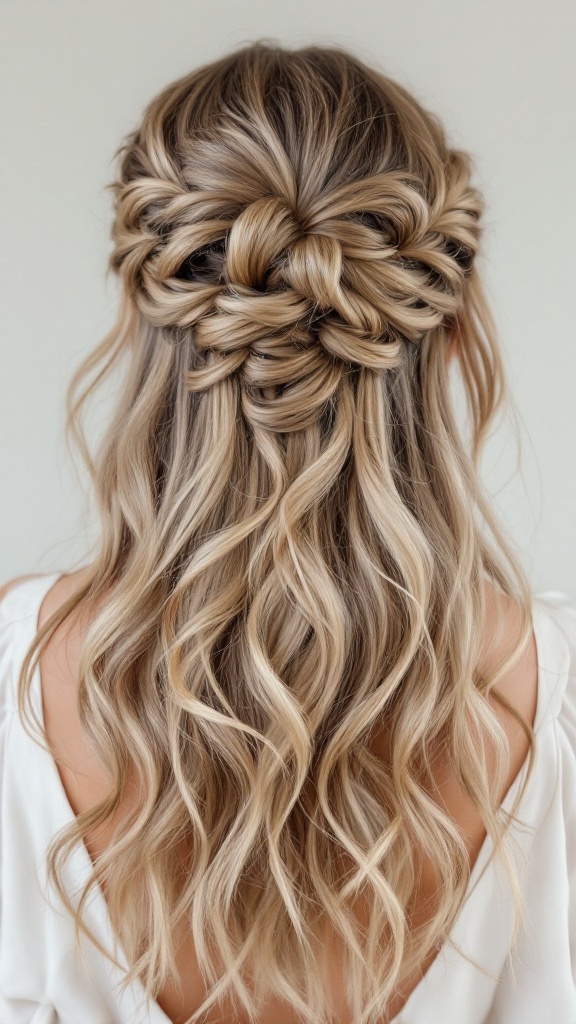A beautiful twisted half-up half-down hairstyle for long hair, featuring soft waves and an intricate twist at the back.
