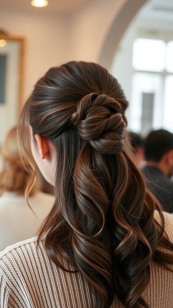 A woman with a twisted half-up ponytail hairstyle, featuring beautifully styled hair and soft curls.