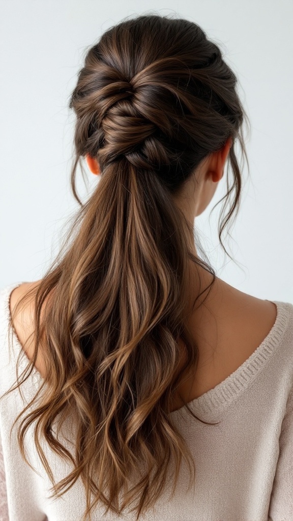 A hairstyle featuring a twisted half-up style with cascading waves