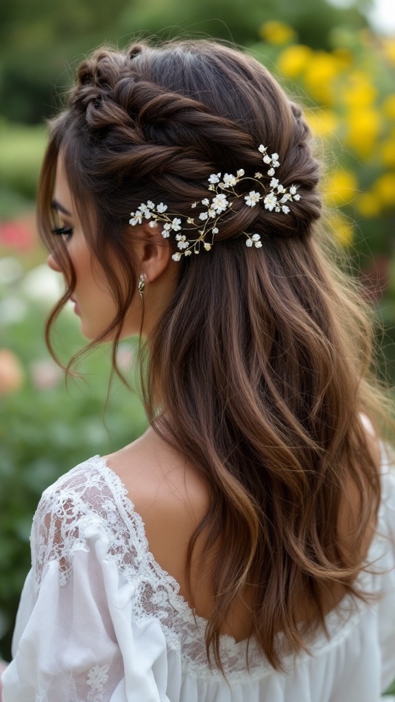 A woman with medium-length hair styled in a twisted half-updo, adorned with flowers.