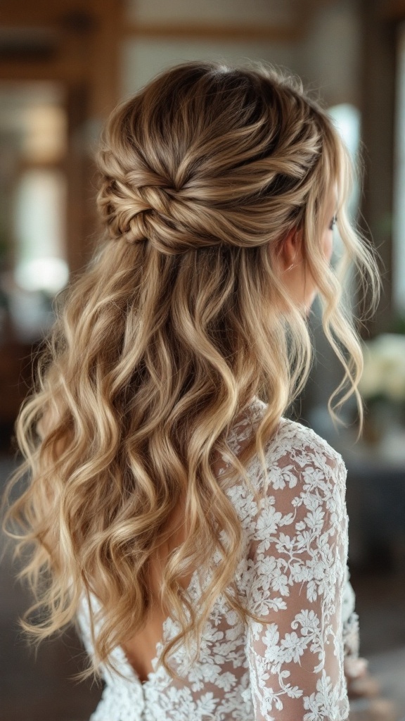 Bridesmaid with twisted half-up hairstyle and cascading curls