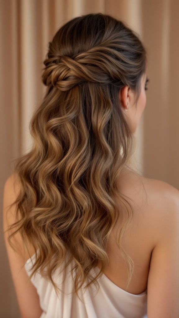 A woman with wavy hair styled in a twisted half-up hairstyle, showcasing elegant twists at the back.