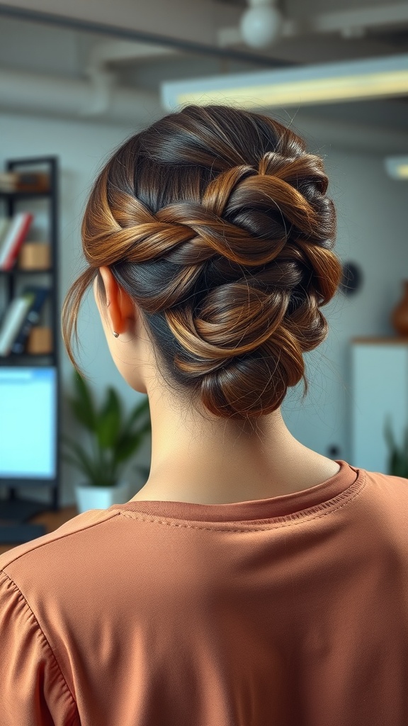 A woman with a twisted half-up hairstyle showcasing elegance and creativity.