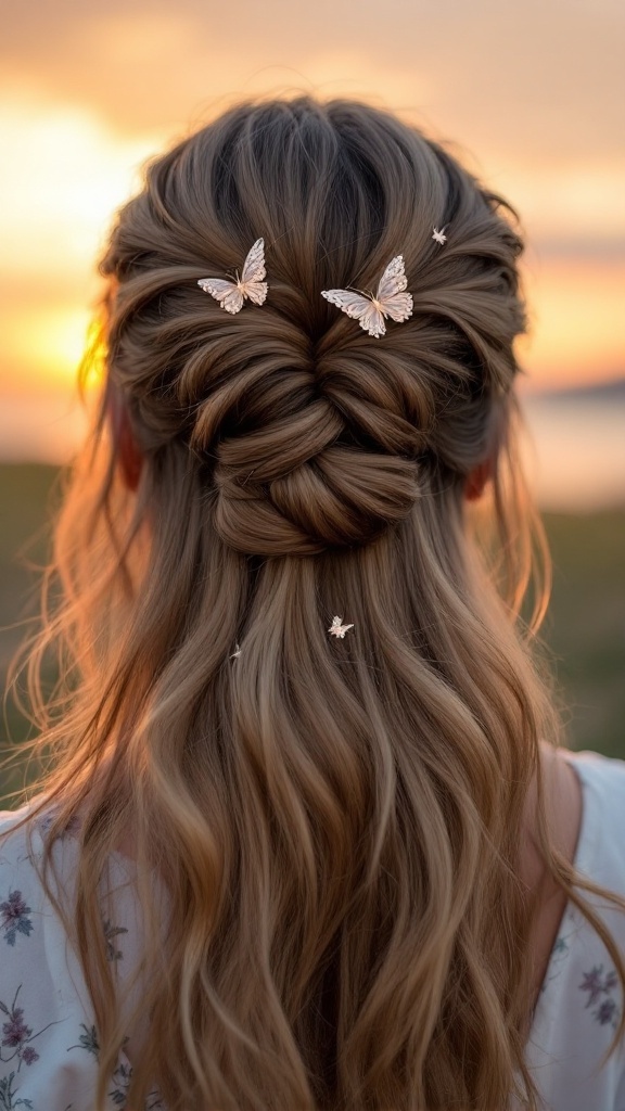 A woman with a twisted half-up hairstyle adorned with butterfly clips, illuminated by a sunset.
