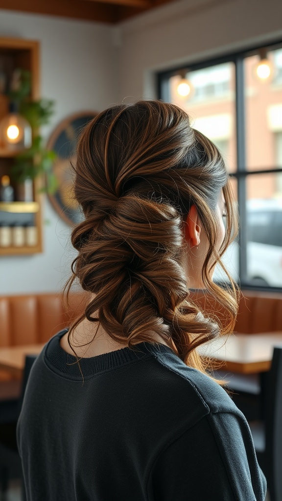 A woman with a twisted half-updo hairstyle, showcasing a chic and preppy look.