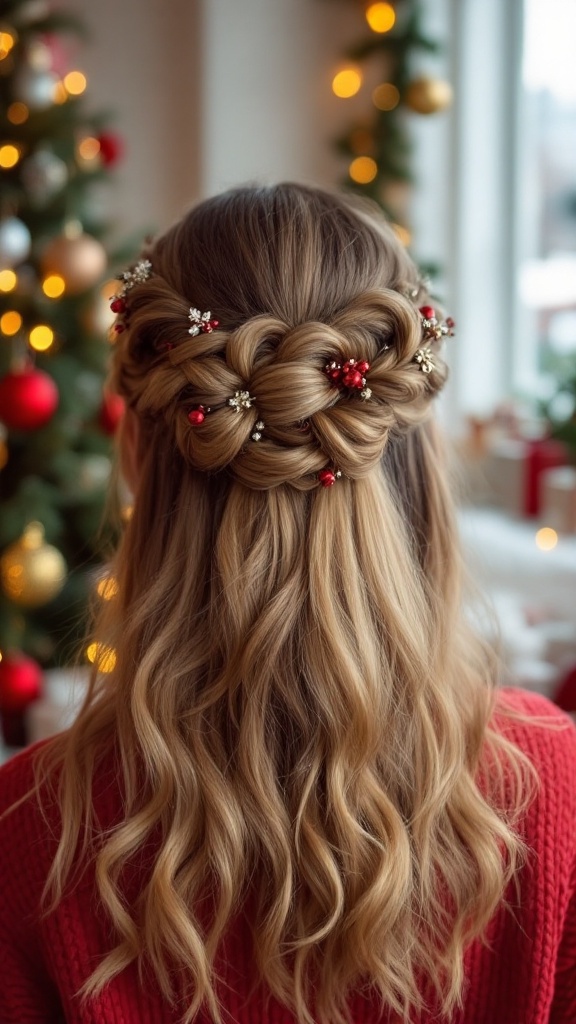 A woman with a twisted half-updo hairstyle adorned with festive hairpins, in a cozy living room decorated for the holidays.