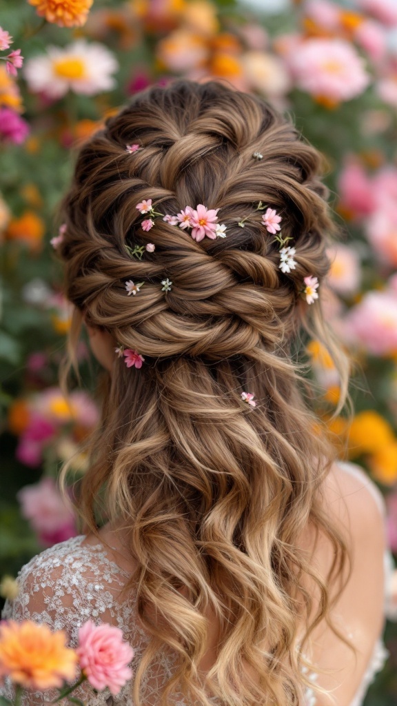 A twisted half-up hairstyle with floral accents, featuring soft waves and small flowers intertwined in the hair