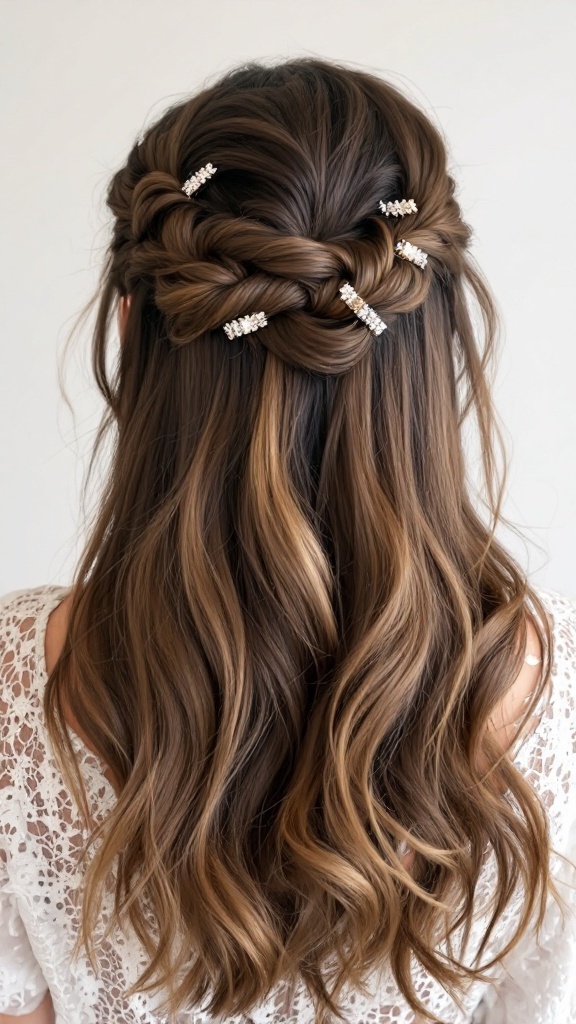 A twisted half up hairstyle with sparkly clips, featuring wavy hair flowing down.