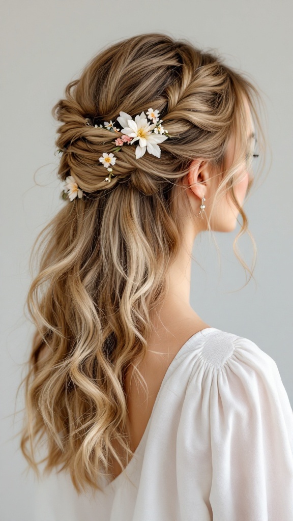 A twisted half updo hairstyle with floral accents for medium-length hair