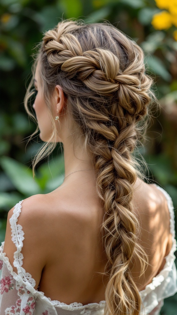 A woman with a beautiful twisted halo braid hairstyle, showcasing intricate braids and a relaxed look.