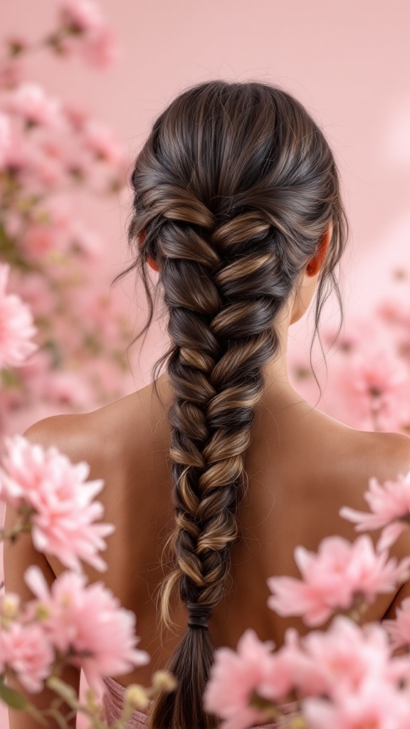 A woman with a twisted halo braid surrounded by pink flowers.