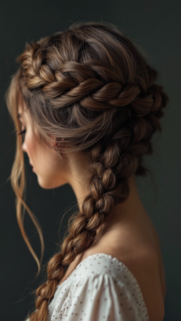 A woman with a twisted halo braid hairstyle, featuring a braided crown and loose strands.