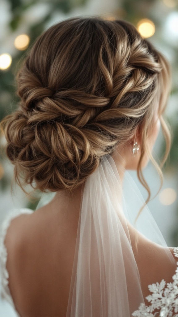 A close-up view of a Twisted Halo Braid hairstyle, showcasing intricate braids and a soft, elegant look suitable for bridesmaids.