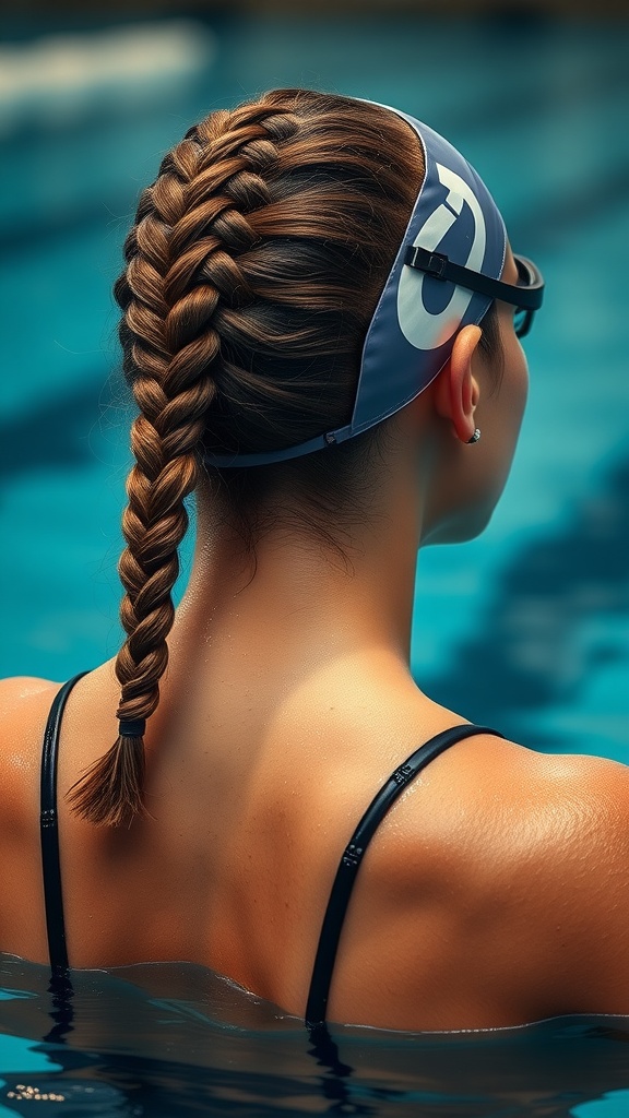 A swimmer with a twisted halo braid hairstyle, wearing a swim cap, in a pool.