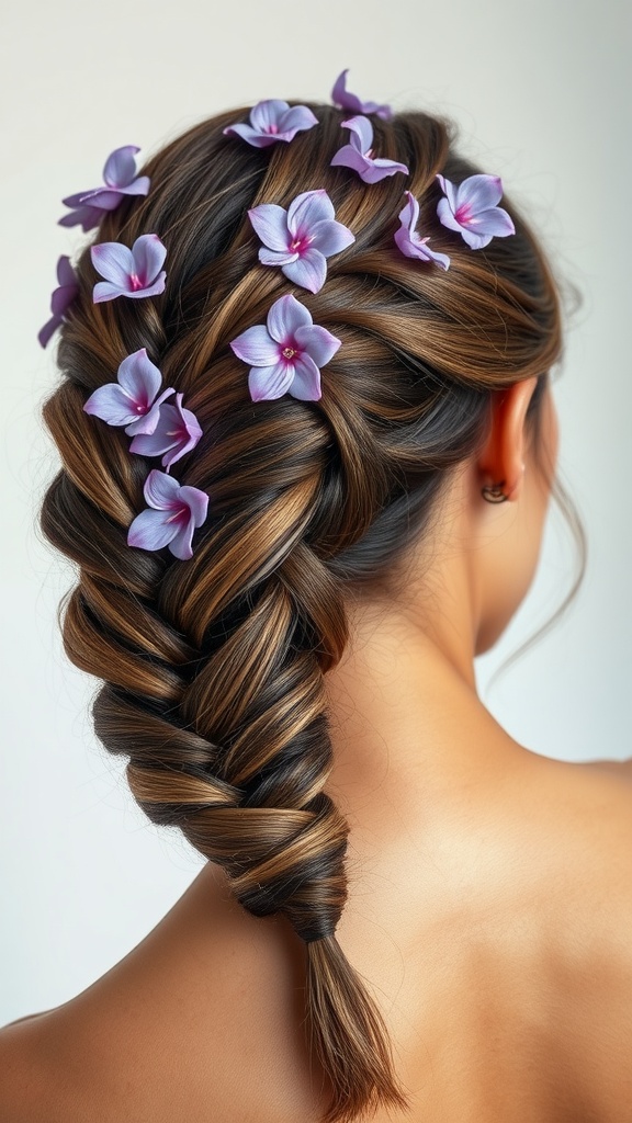 A back view of a twisted halo braid hairstyle decorated with purple violets, showcasing a blend of braided hair and floral accents.