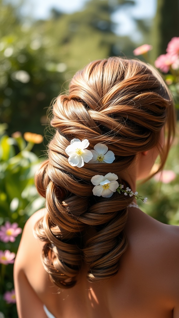 A person with a twisted halo updo hairstyle adorned with white flowers.