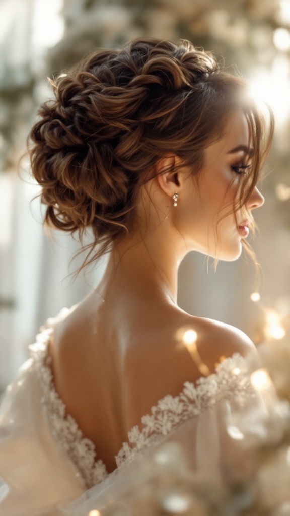 A woman with a twisted halo updo showcasing soft curls and elegant style, perfect for a wedding.