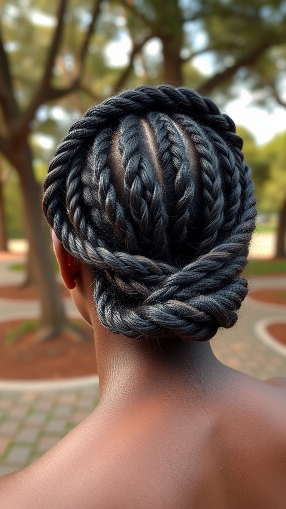 Back view of a Twisted Halo Weave hairstyle on a woman.