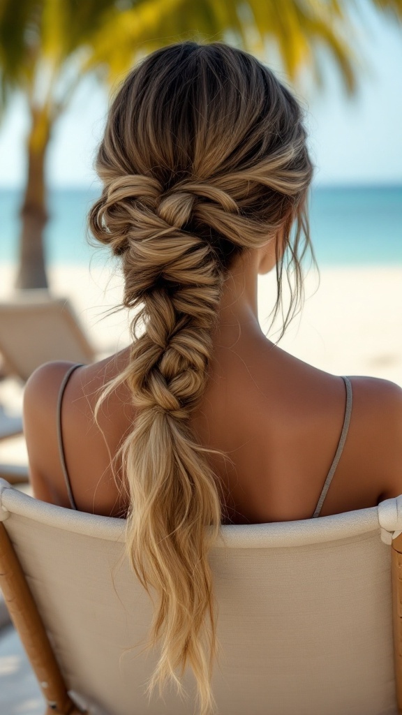 A woman with long hair styled in a twisted low bun, sitting on a beach chair with a view of the ocean.