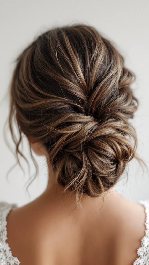 A back view of a twisted low bun hairstyle, perfect for bridesmaids.