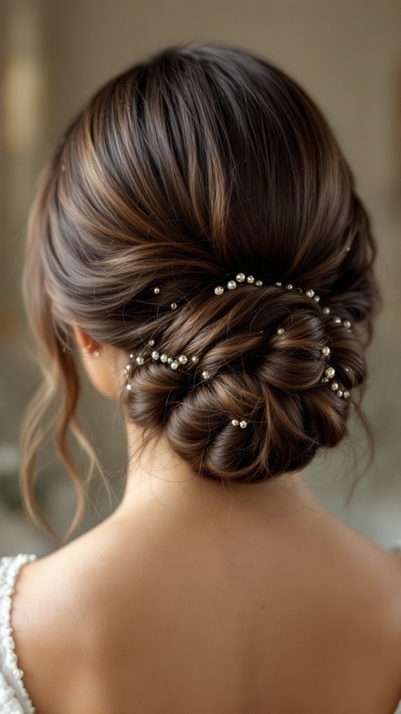 Twisted low bun hairstyle with beaded detailing, showcasing an elegant and sophisticated look.