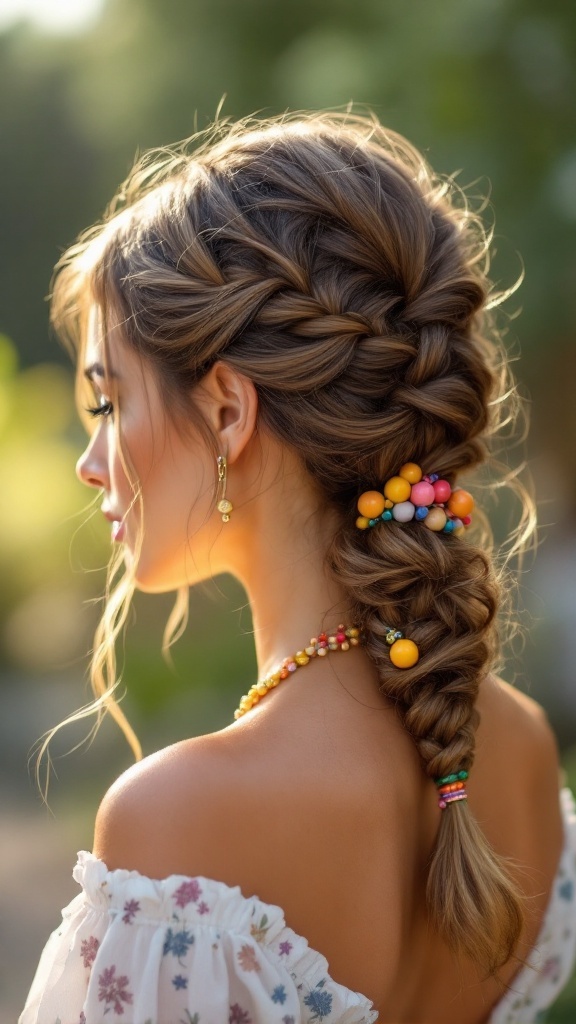 A woman with a twisted low half updo hairstyle adorned with colorful beads
