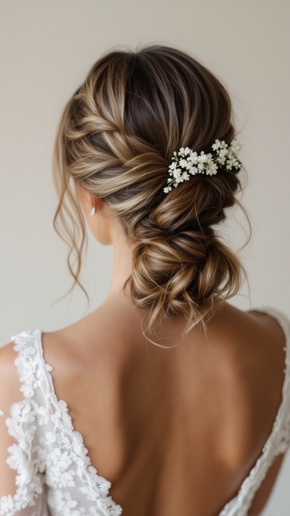 A woman with a twisted low ponytail adorned with small white flowers, showcasing a beautiful view from the back.