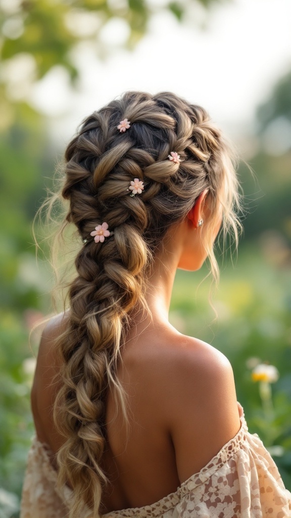 A woman with a twisted messy ponytail and braids decorated with flowers