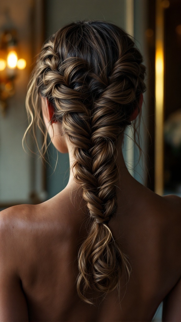 A woman showcasing a twisted ponytail hairstyle from the back.