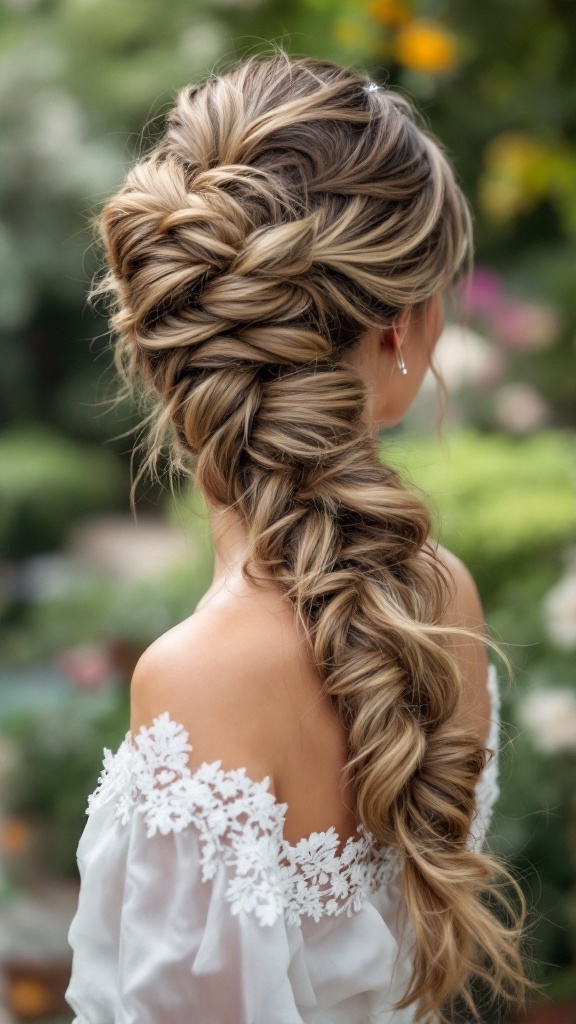 A stylish twisted ponytail hairstyle with lace detail on a bride
