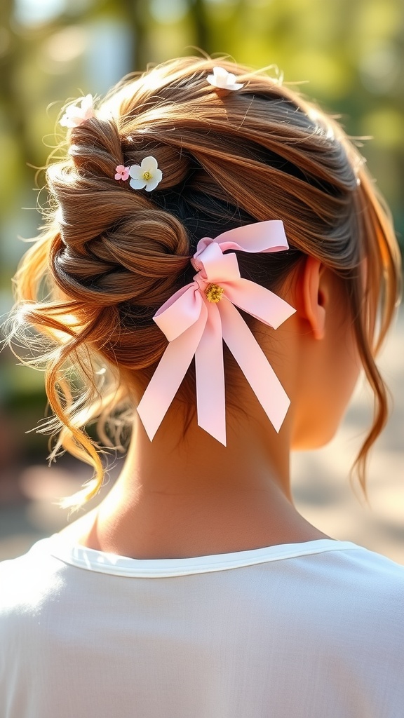 A woman with a twisted ponytail adorned with pastel ribbons and small flowers, showcasing a playful spring hairstyle.