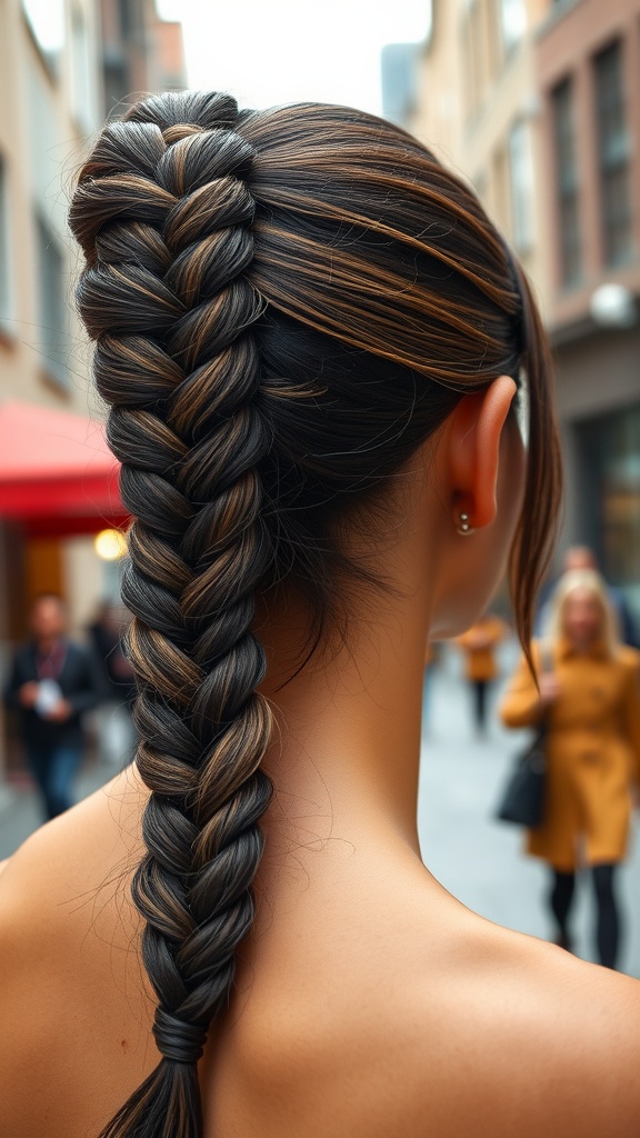 A woman with a twisted rope ponytail hairstyle, showcasing a neat braid with highlights.